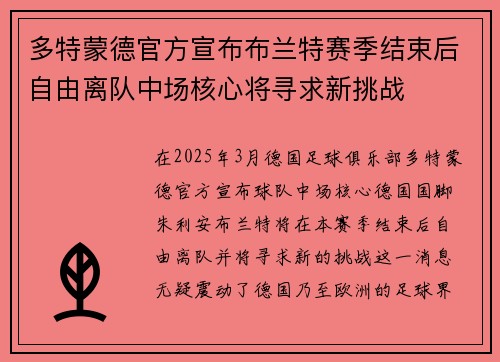 多特蒙德官方宣布布兰特赛季结束后自由离队中场核心将寻求新挑战