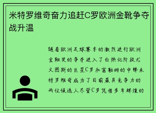 米特罗维奇奋力追赶C罗欧洲金靴争夺战升温