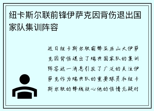 纽卡斯尔联前锋伊萨克因背伤退出国家队集训阵容 纽卡斯尔联前锋伊萨克因背伤退出国家队集训阵容