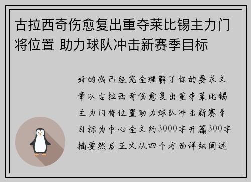 古拉西奇伤愈复出重夺莱比锡主力门将位置 助力球队冲击新赛季目标